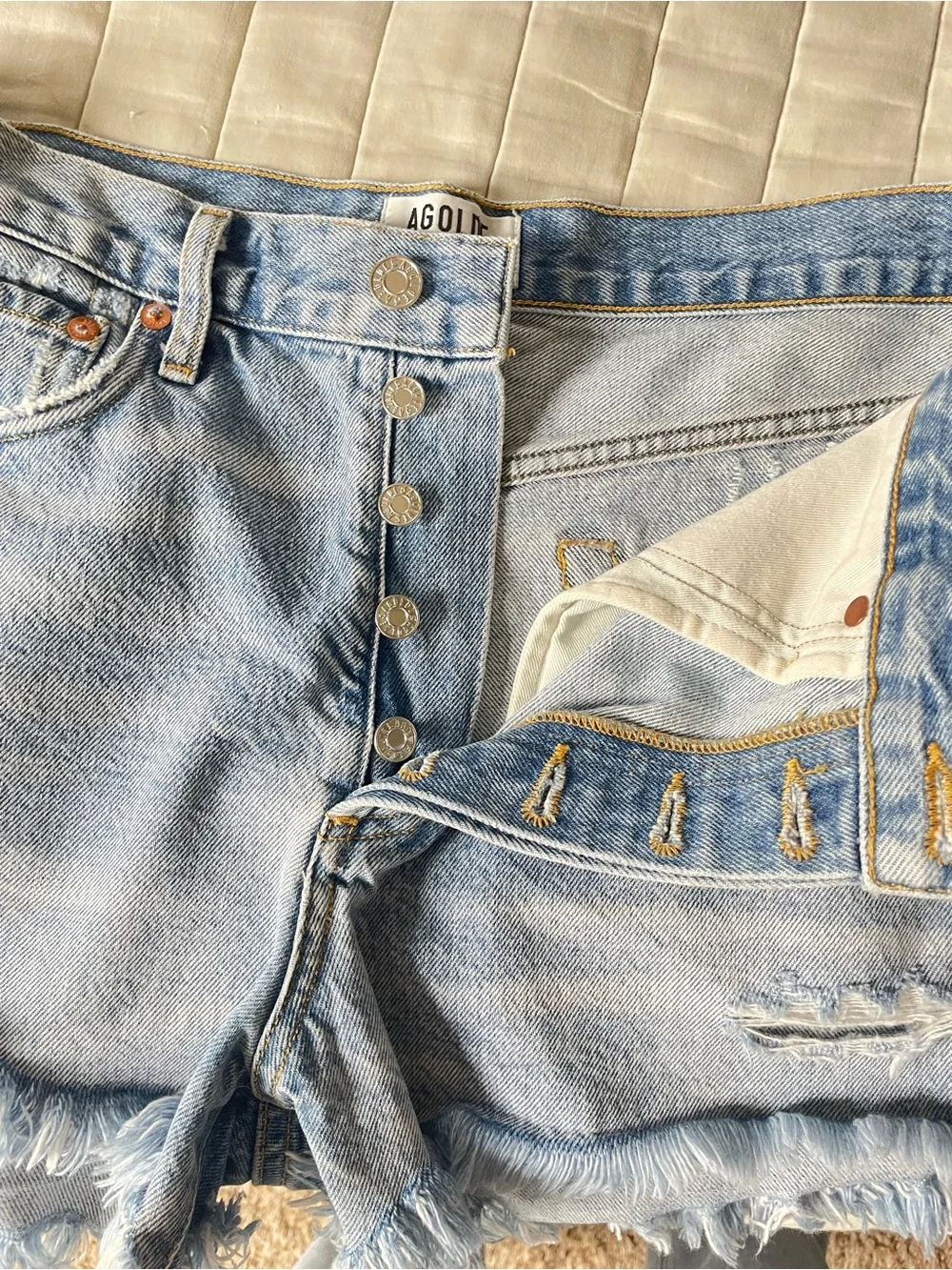 Agolde Light Wash High-Rise Distressed Denim Cutoff Shorts - Picture 4 of 7